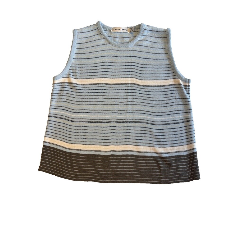 Vintage Karen Lessly Striped Knit Tank Top Sweater Vest Blue Brown M